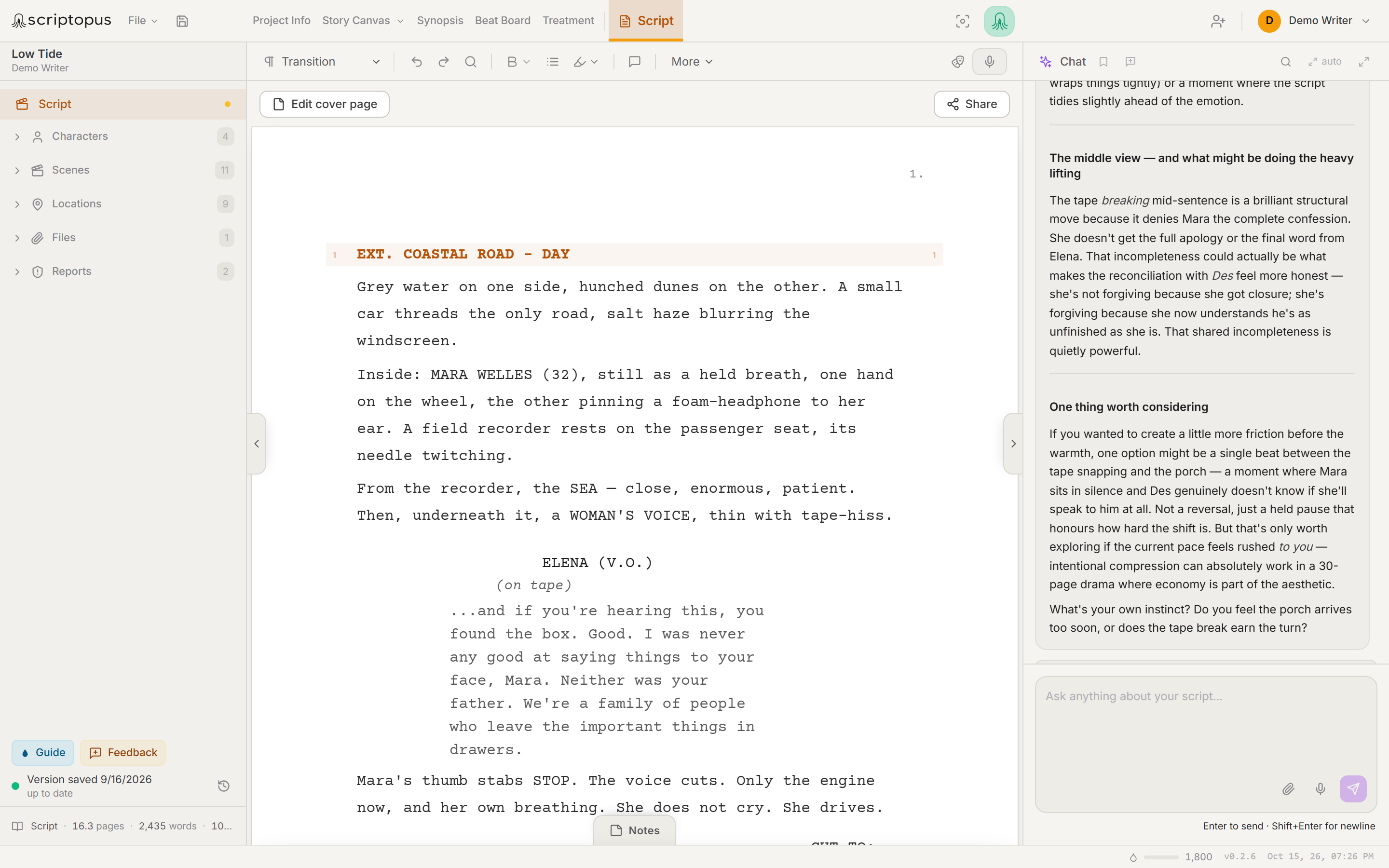 The Scriptopus writing surface: an industry-formatted screenplay editor with the character, location and file lists and saved reports in the side rail, and dramaturg chat giving notes on the scene beside the page.