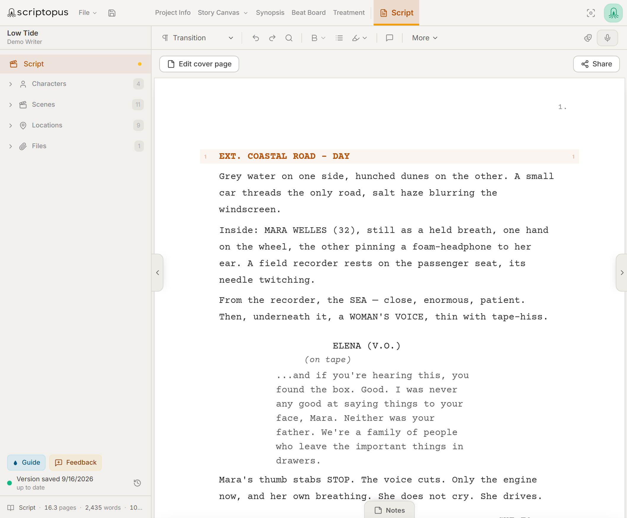 The free Scriptopus editor: an industry-formatted screenplay page with the character, scene and location lists in the side rail.