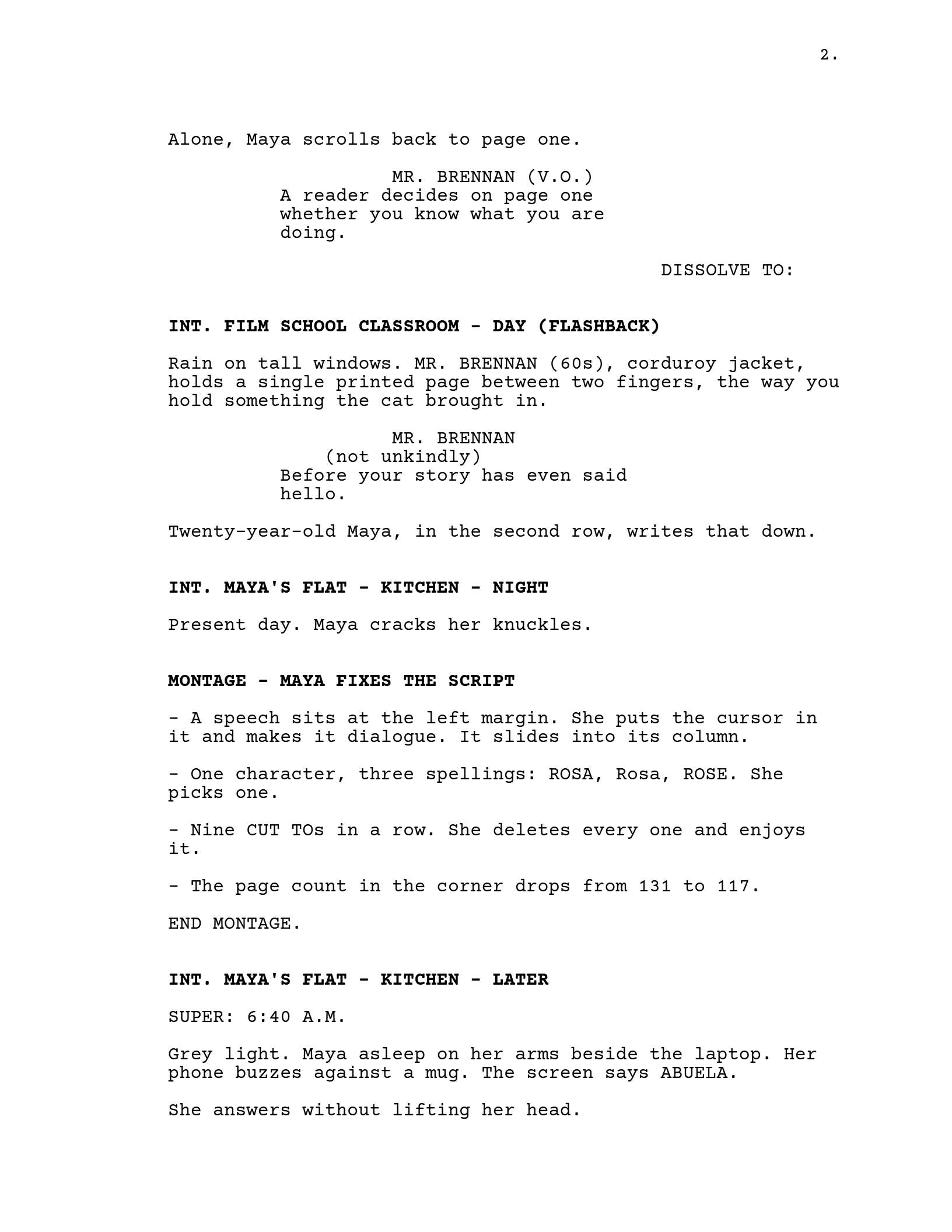 Page two of the example script, which holds every kind of line: an action line, a voice-over cue, a dissolve, a flashback scene heading, a parenthetical, dialogue and a montage.