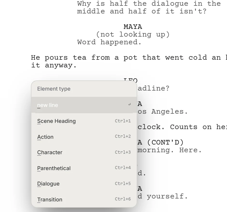 The Scriptopus editor with the Element type menu open on an empty line, listing new line, Scene Heading, Action, Character, Parenthetical, Dialogue and Transition with their shortcuts Ctrl+1 to Ctrl+6.