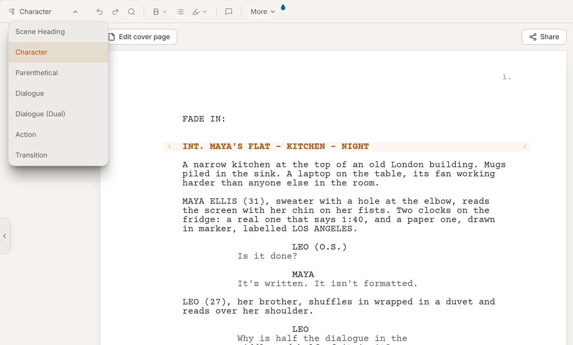 The Scriptopus script editor showing page one of Midnight, Pacific Time, with the element picker in the toolbar open on Character.