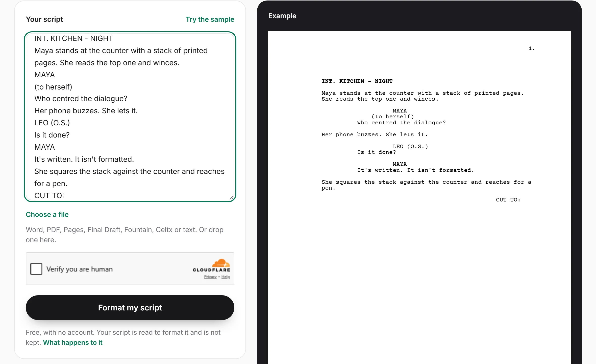 The Scriptopus screenplay formatter: unformatted lines pasted on the left, and the same scene laid out as a screenplay page on the right.