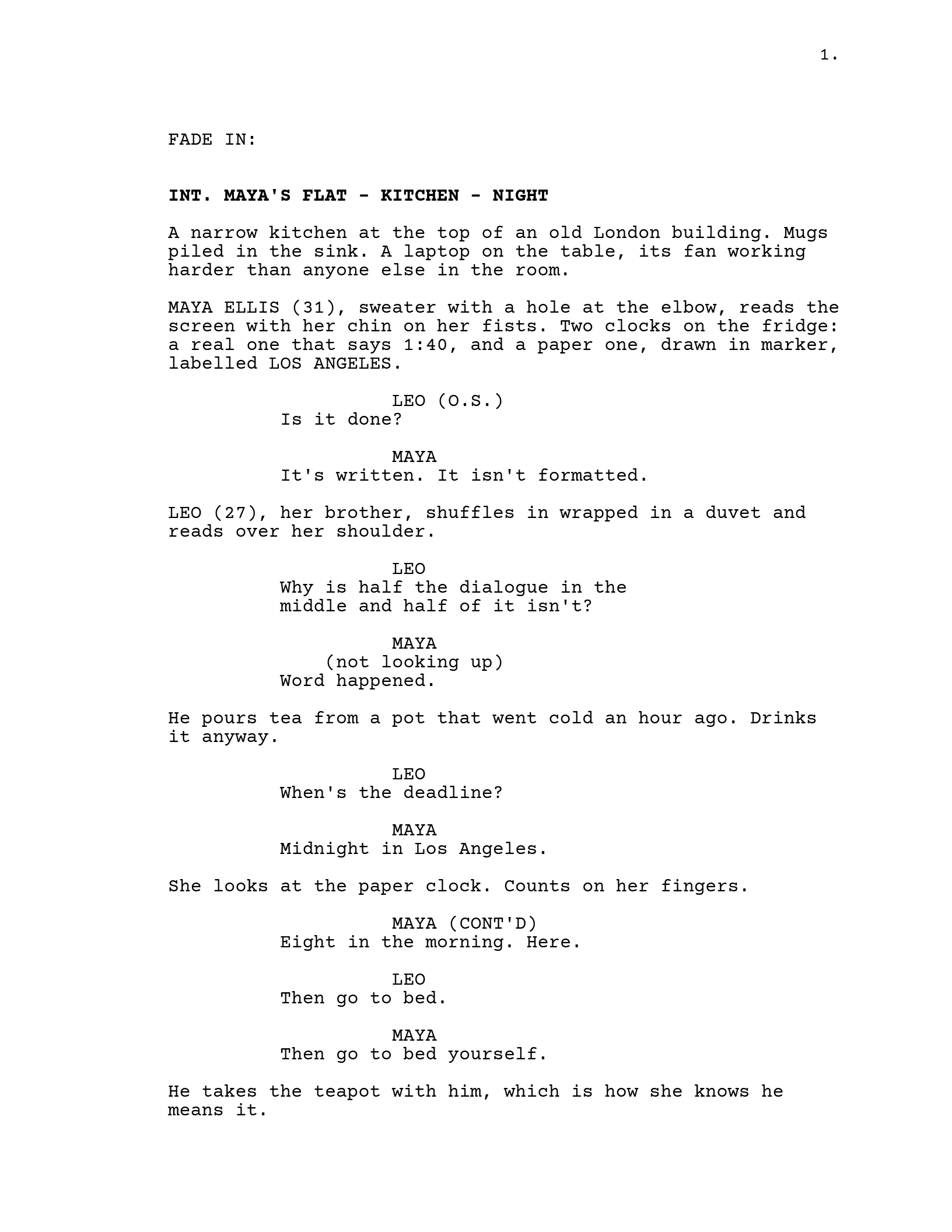 Page one of Midnight, Pacific Time: FADE IN, a kitchen in a London flat at night, Maya at her laptop with two clocks on the fridge, and her brother Leo asking whether the script is done.