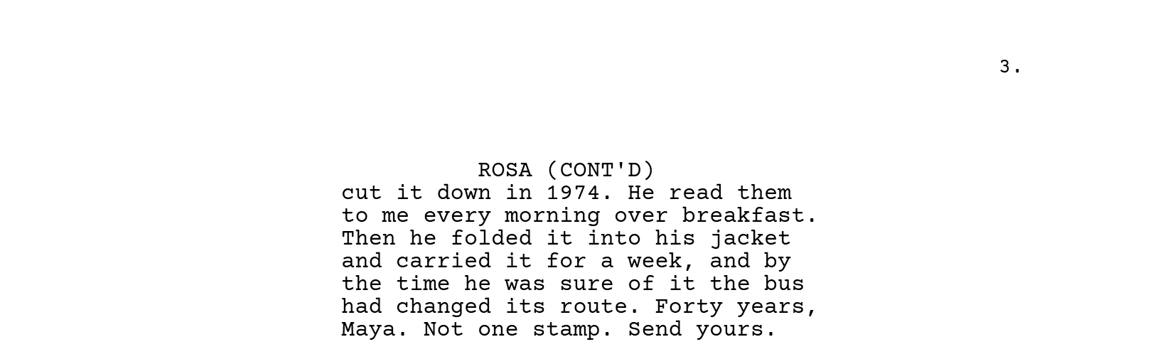 The top of the next page: the page number, ROSA (CONT'D), and the rest of her speech.
