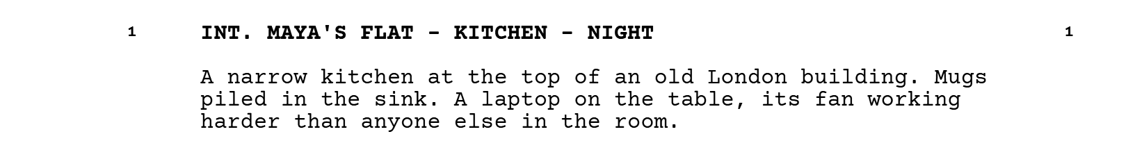 The scene heading INT. MAYA'S FLAT - KITCHEN - NIGHT with the scene number 1 printed in both margins, and the first lines of action under it.