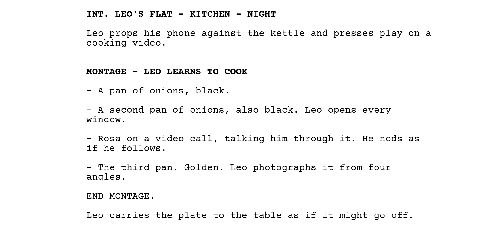 INT. LEO'S FLAT - KITCHEN - NIGHT. Leo props his phone against the kettle. MONTAGE - LEO LEARNS TO COOK, followed by four lines starting with a dash: a pan of onions, black; a second pan, also black; Rosa on a video call; the third pan, golden. END MONTAGE. Leo carries the plate to the table.