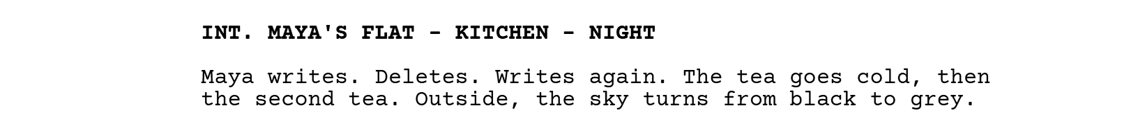 INT. MAYA'S FLAT - KITCHEN - NIGHT. Maya writes. Deletes. Writes again. The tea goes cold, then the second tea. Outside, the sky turns from black to grey.