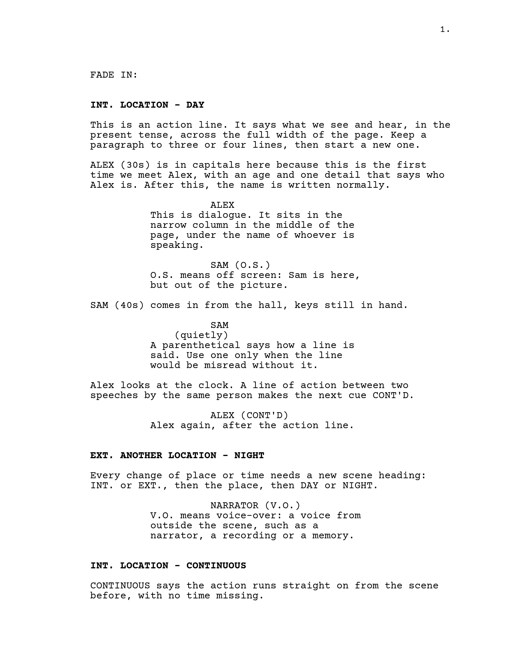 Page one of the screenplay template: FADE IN, a scene heading, action lines that explain themselves, and dialogue for ALEX and SAM with an off-screen line and a parenthetical.