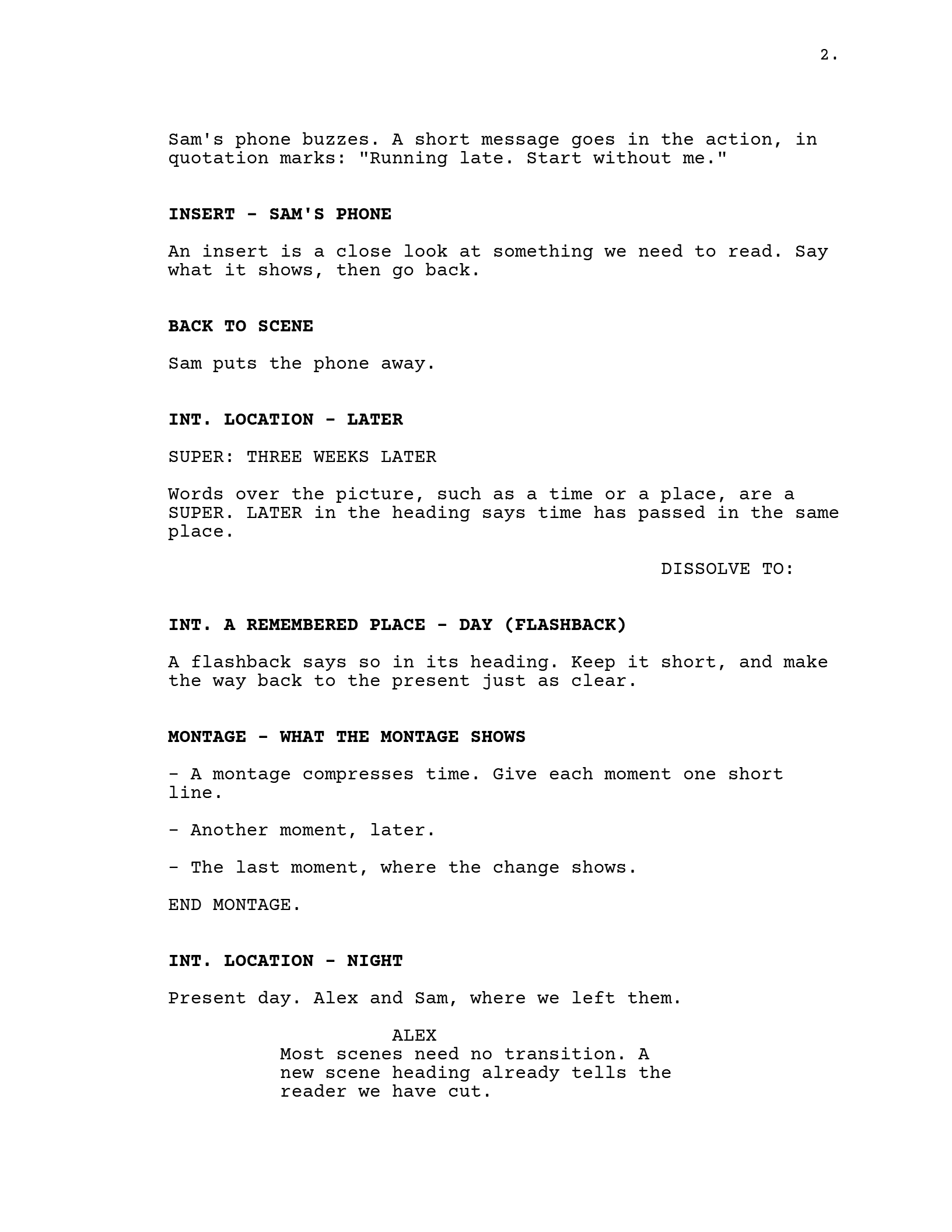 Page two of the template: an insert, a SUPER, a dissolve into a flashback, a montage, and the scene that returns to the present.