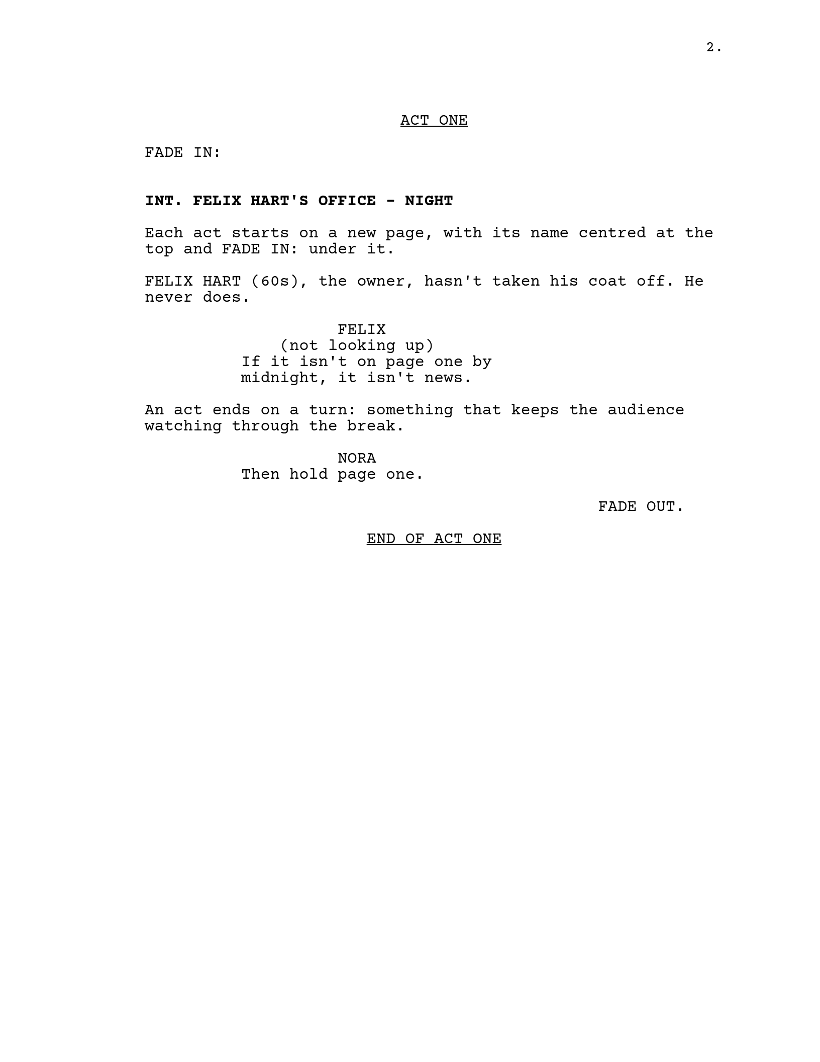 Page two: ACT ONE centred and underlined on a new page, FADE IN:, a scene in Felix Hart's office, FADE OUT. and END OF ACT ONE.