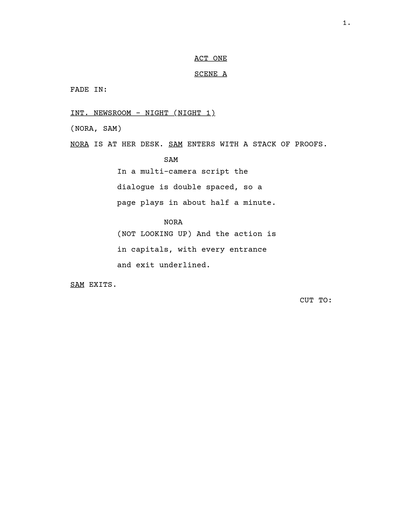 Page one of the multi-camera template: ACT ONE and SCENE A centred and underlined, an underlined scene heading with (NIGHT 1), the cast list (NORA, SAM), action in capitals with the entrances underlined, and double-spaced dialogue.